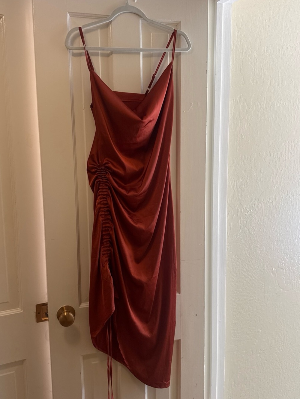 Satin Terracotta Midi Dress with Cowl Neck and Adjustable Side Slit